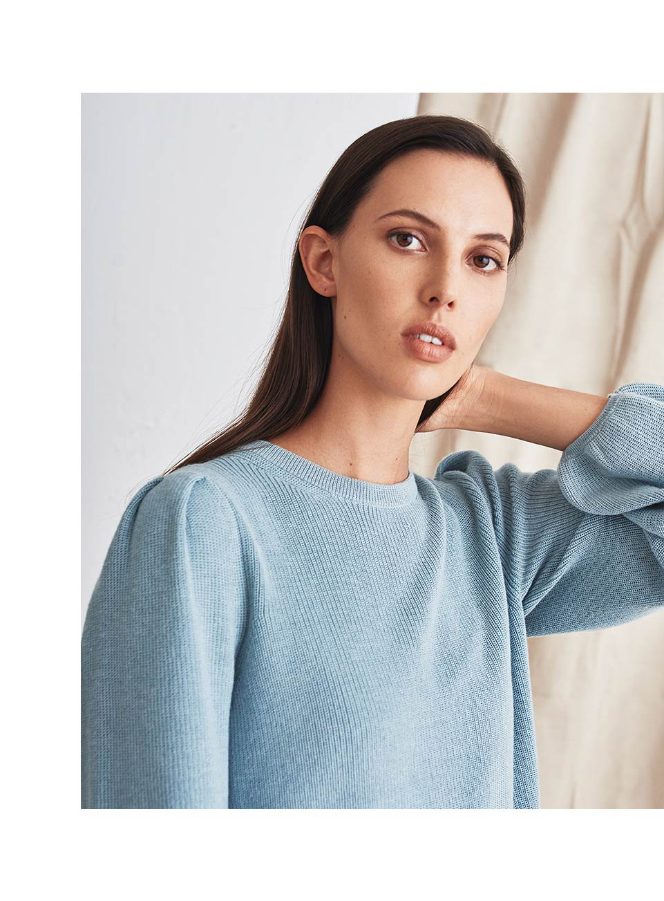 LIGHTWEIGHT COTTON TIE BACK PUFF SLEEVE CREWNECK