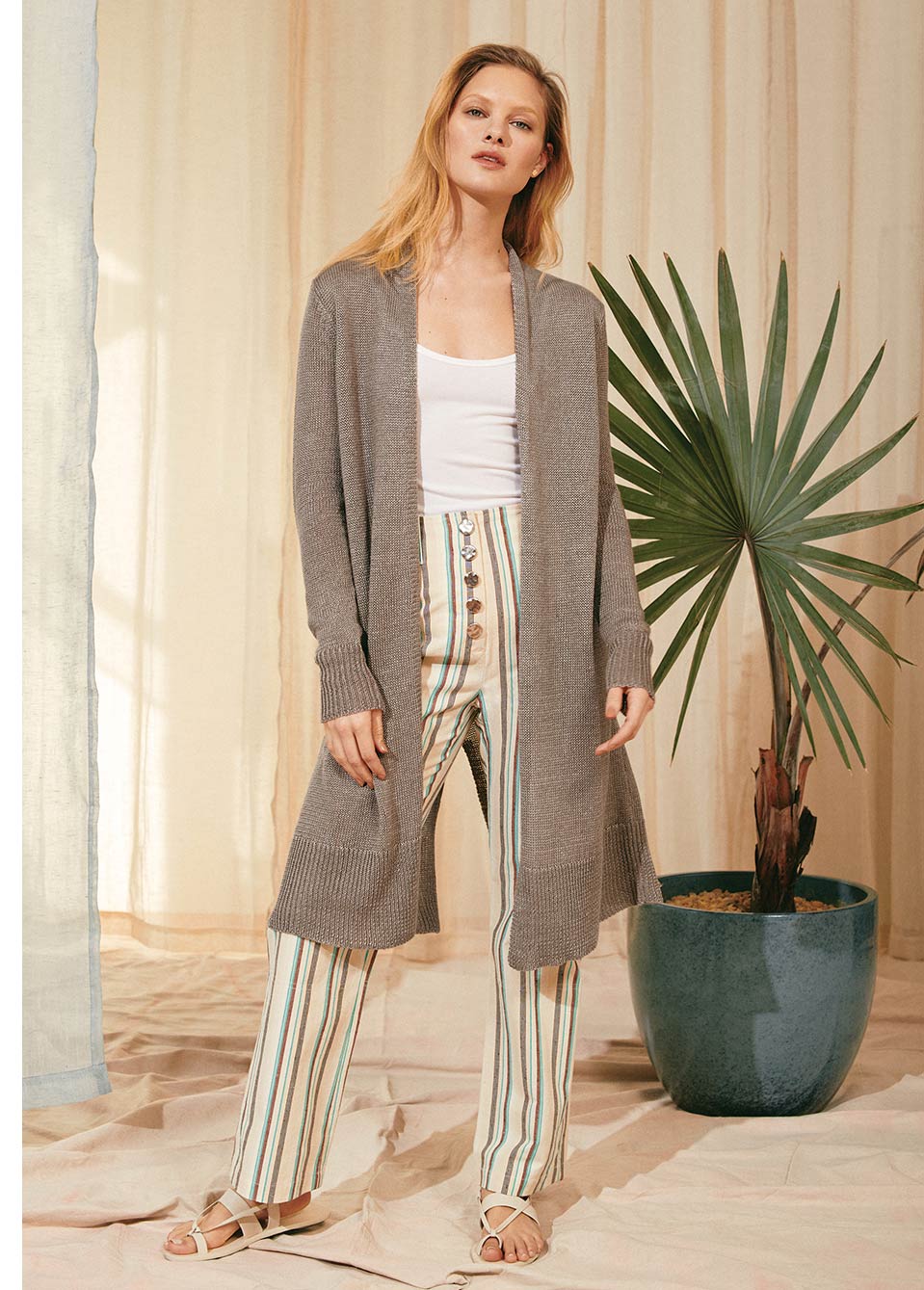 CORDED LINEN LONG OPEN CARDIGAN